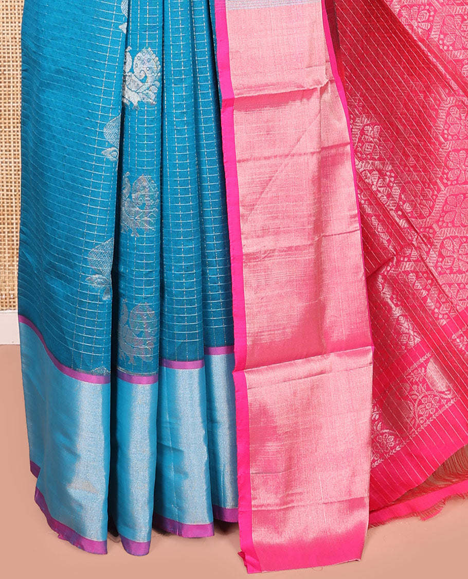 Blue Kuppadam Cotton Saree, Sparsely Woven with Butta and Checks All Over Its Body, Complemented by a Bavanji Border, Captivating Contrast Pallu of Ogee Patterns, and Paired with a Contrast Blouse