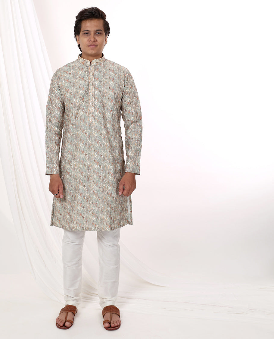 mint green abstract design with sequins work mandarin collar & full-sleeve long raw silk kurta