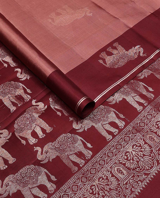Brown elephant buttas soft silk saree, contrast elephant buttas border, and pallu steeped with elephant buttas