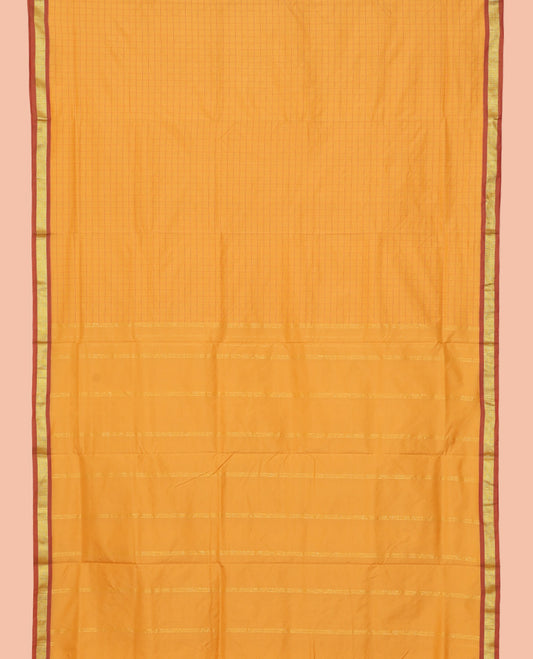 Yellow Checked Nine-Yard Saree, Complemented by a Contrast Zari Border, Striped Pallu, and No Blouse