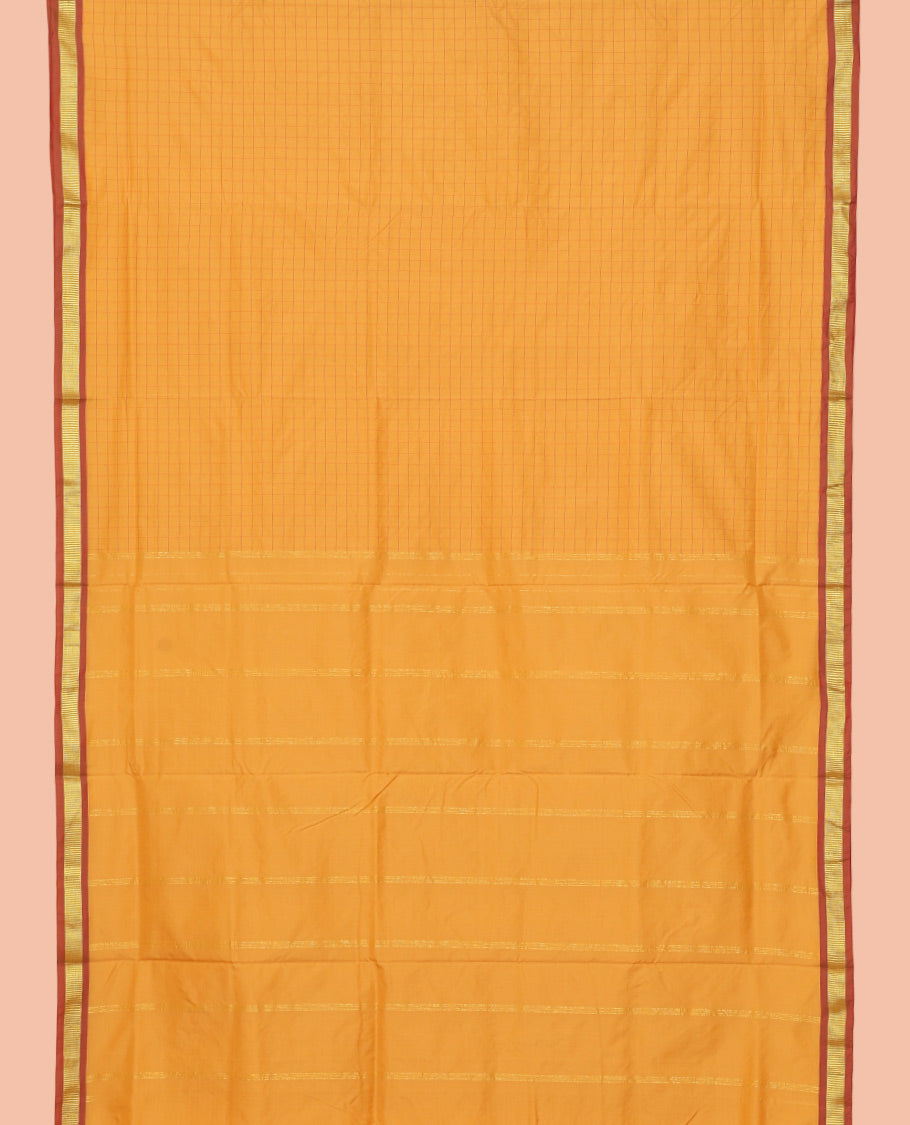 Yellow Checked Ten Yard Saree, Complemented by a Contrast Zari Border, Striped Pallu, and No Blouse
