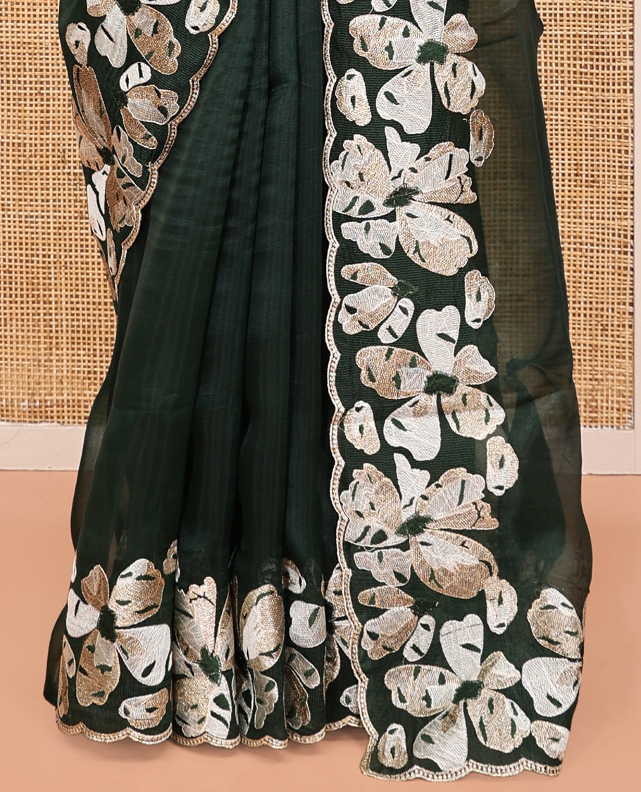 Green Plain Organza Saree, a Scalloped Flower-Motif Thread Embroidery Border, a Self-Pallu, and a Matching Embroidered Blouse