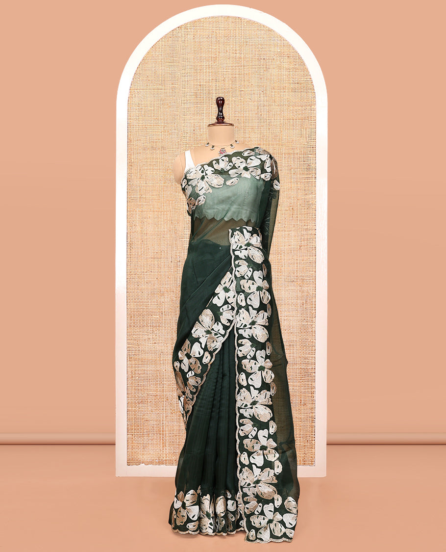 Green Plain Organza Saree, a Scalloped Flower-Motif Thread Embroidery Border, a Self-Pallu, and a Matching Embroidered Blouse