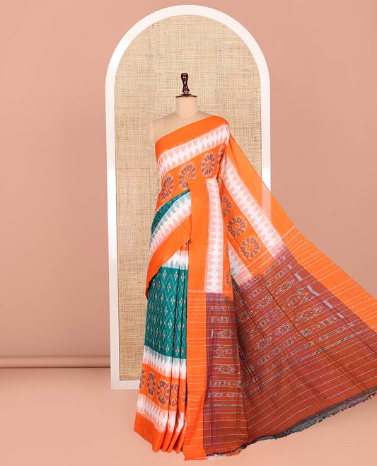 Green Odisha Cotton Saree Featuring Jaal Patterns All Over the Body, Complemented by a Contrast Temple Border of Floral Designs, Pallu Features Diamond Patterns in a Hazily Woven, and Has No Blouse