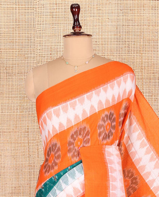 Green Odisha Cotton Saree Featuring Jaal Patterns All Over the Body, Complemented by a Contrast Temple Border of Floral Designs, Pallu Features Diamond Patterns in a Hazily Woven, and Has No Blouse