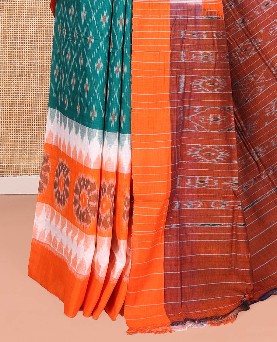 Green Odisha Cotton Saree Featuring Jaal Patterns All Over the Body, Complemented by a Contrast Temple Border of Floral Designs, Pallu Features Diamond Patterns in a Hazily Woven, and Has No Blouse
