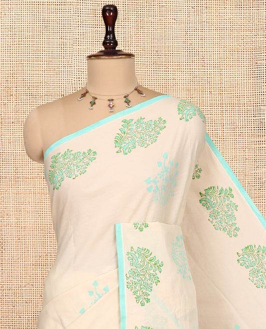 Borderless Cream South Cotton Saree, Floral Buttas Block Print, Comes with a Matching Blouse and a Contrast Blouse