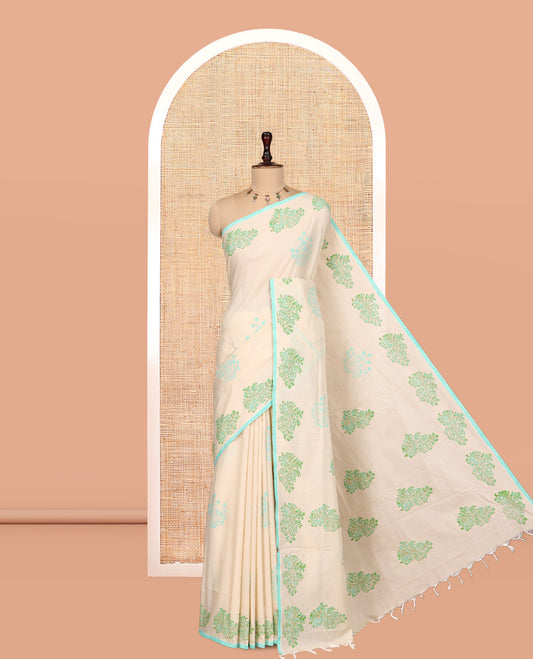 Borderless Cream South Cotton Saree, Floral Buttas Block Print, Comes with a Matching Blouse and a Contrast Blouse