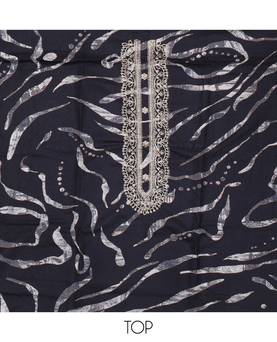 Blue chudidhar material set,unique print & embroidery rayon top,plain bottom & thread embroidered chanderi silk dupatta