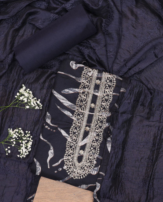 Blue chudidhar material set,unique print & embroidery rayon top,plain bottom & thread embroidered chanderi silk dupatta