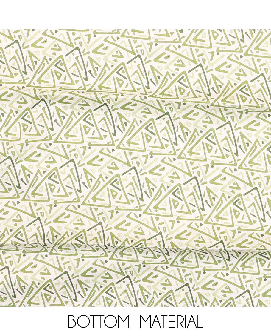 Liril green material churidar set, floral print with button stitched cotton top, contrast geometric printed cotton bottom, and striped chanderi dupatta of sequins stripes