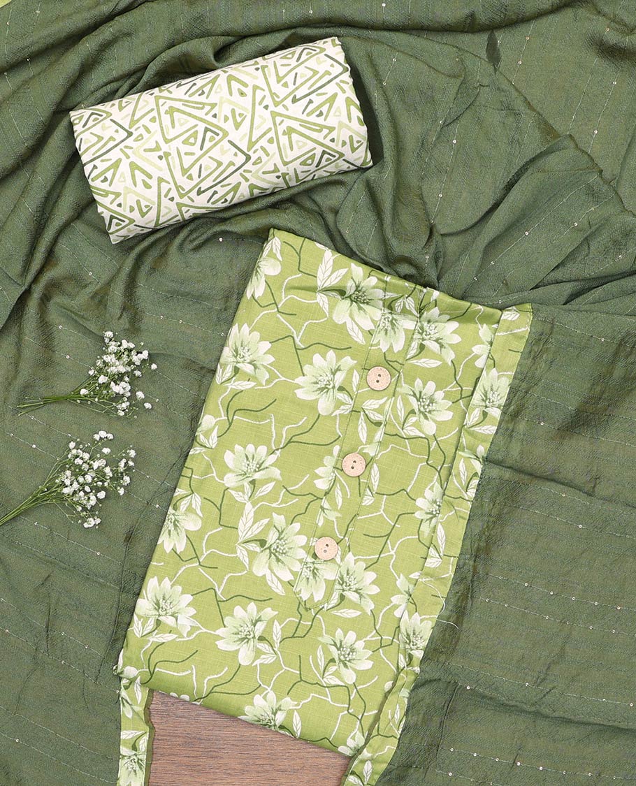 Liril green material churidar set, floral print with button stitched cotton top, contrast geometric printed cotton bottom, and striped chanderi dupatta of sequins stripes