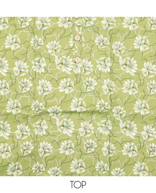 Liril green material churidar set, floral print with button stitched cotton top, contrast geometric printed cotton bottom, and striped chanderi dupatta of sequins stripes