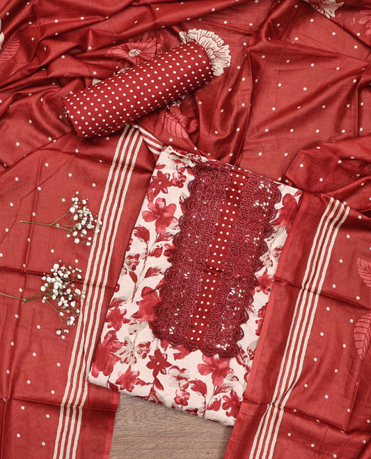 Red Material Chudidar Set, Adorned with Floral Motifs Print and Embroidery on Cotton Top, a Polka Dot Printed Cotton Bottom, and Paired with a Floral Printed Cotton Dupatta