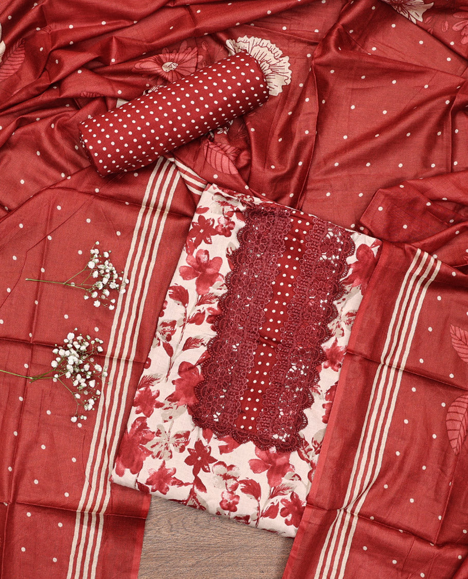 Red Material Chudidar Set, Adorned with Floral Motifs Print and Embroidery on Cotton Top, a Polka Dot Printed Cotton Bottom, and Paired with a Floral Printed Cotton Dupatta