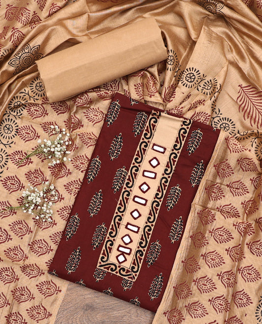 Maroon Cotton Material Chudidar Set, Elevated with Unique Motifs Block Printed on Its Cotton Top, a Plain Cotton Bottom, and Paired with an Intricately Block Printed Cotton Dupatta
