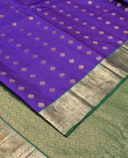 Violet zari buttas Vasundhara silk mix saree, contrast border of rekku, kathir, diamond, and mayil design, and contrast intricate pallu