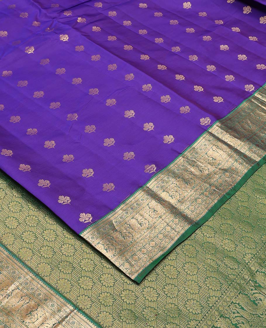 Violet zari buttas Vasundhara silk mix saree, contrast border of rekku, kathir, diamond, and mayil design, and contrast intricate pallu