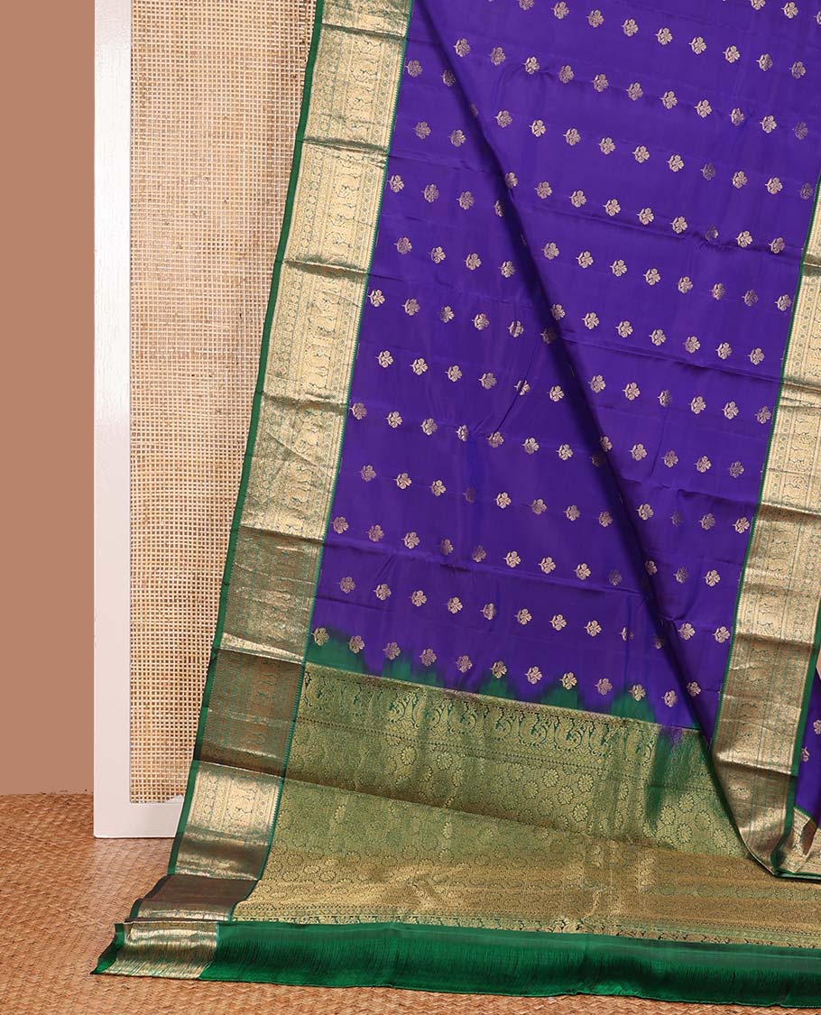 Violet zari buttas Vasundhara silk mix saree, contrast border of rekku, kathir, diamond, and mayil design, and contrast intricate pallu