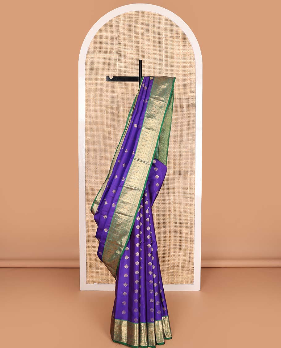Violet zari buttas Vasundhara silk mix saree, contrast border of rekku, kathir, diamond, and mayil design, and contrast intricate pallu