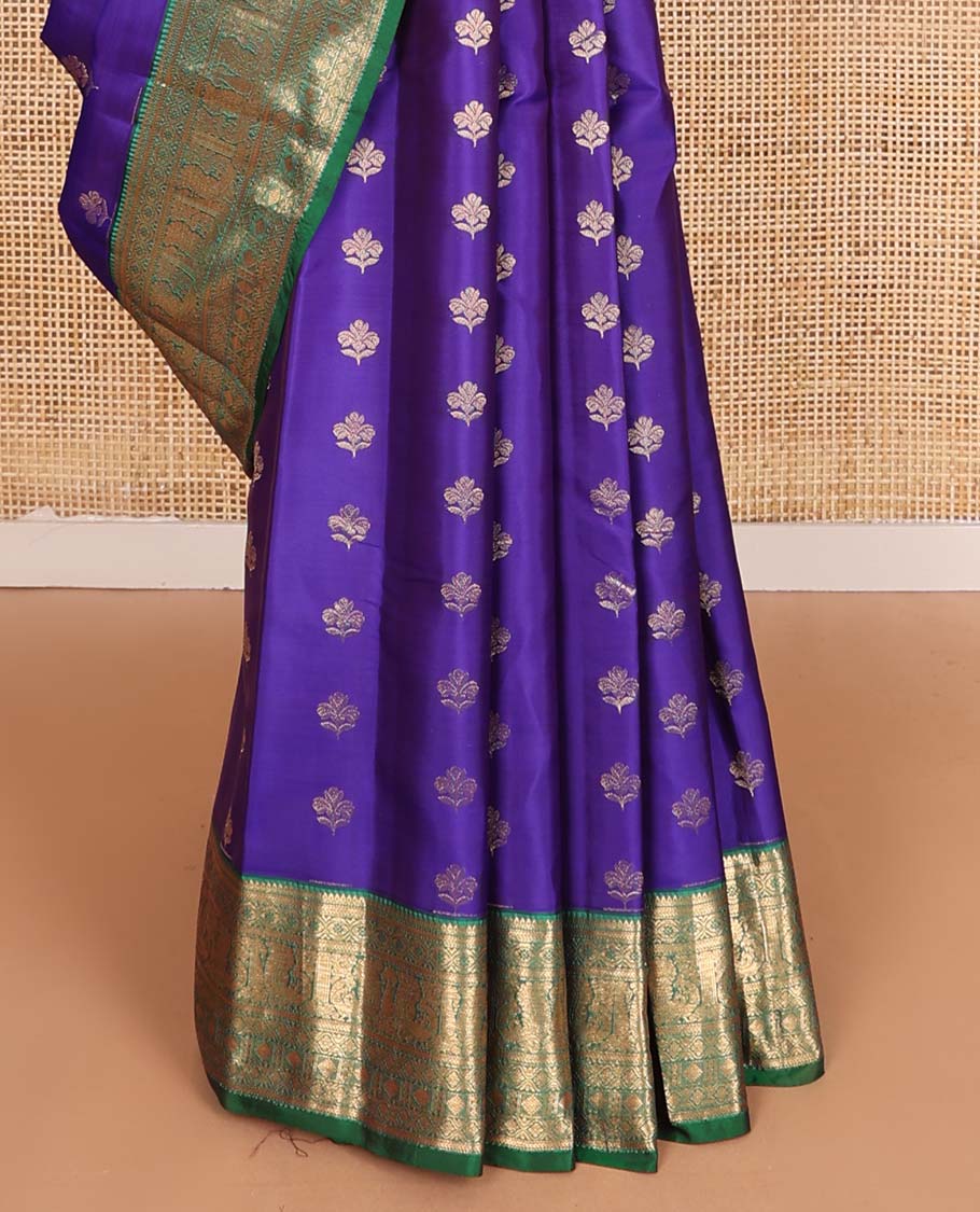 Violet zari buttas Vasundhara silk mix saree, contrast border of rekku, kathir, diamond, and mayil design, and contrast intricate pallu