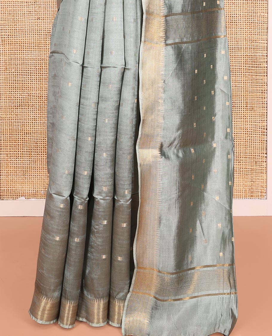 Grey Banana Pith Saree Elevated with Zari Buttas, Temple Border of Zari Designs, Subtle Pallu of Zari Designs, and Paired with a Matching Blouse