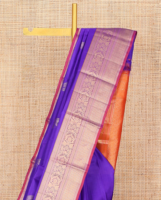 Blue Vasundhara Silk Saree, Enriched with Manga Buttas All Over Its Body, Complemented by a Contrast Border of Rekku, Mayil Kann, Neli, Kodi Visiry, and Kamalam Designs, Intricately Designed Pallu of Ogee Patterns, and Paired with a Contrast Blouse