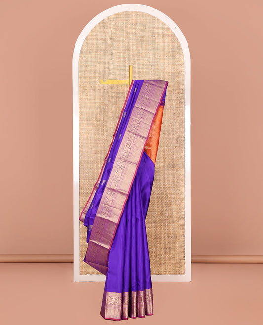 Blue Vasundhara Silk Saree, Enriched with Manga Buttas All Over Its Body, Complemented by a Contrast Border of Rekku, Mayil Kann, Neli, Kodi Visiry, and Kamalam Designs, Intricately Designed Pallu of Ogee Patterns, and Paired with a Contrast Blouse