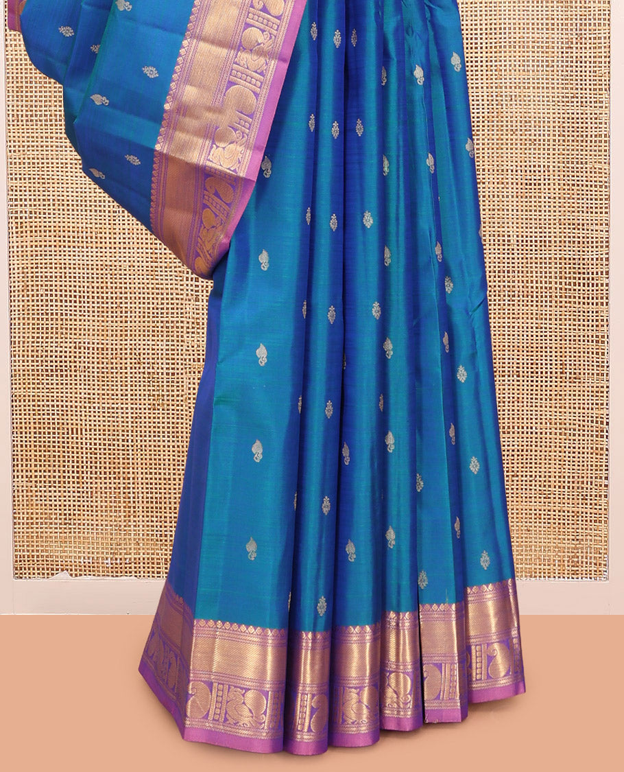 Blue Vasundhara Silk Saree, Woven with Zari Buttas, a Contrast Border of Manga and Mayil Designs, Grand Pallu, and a Contrast Blouse