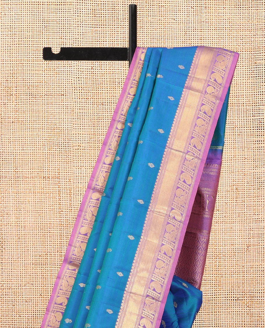 Blue Vasundhara Silk Saree, Woven with Zari Buttas, a Contrast Border of Manga and Mayil Designs, Grand Pallu, and a Contrast Blouse