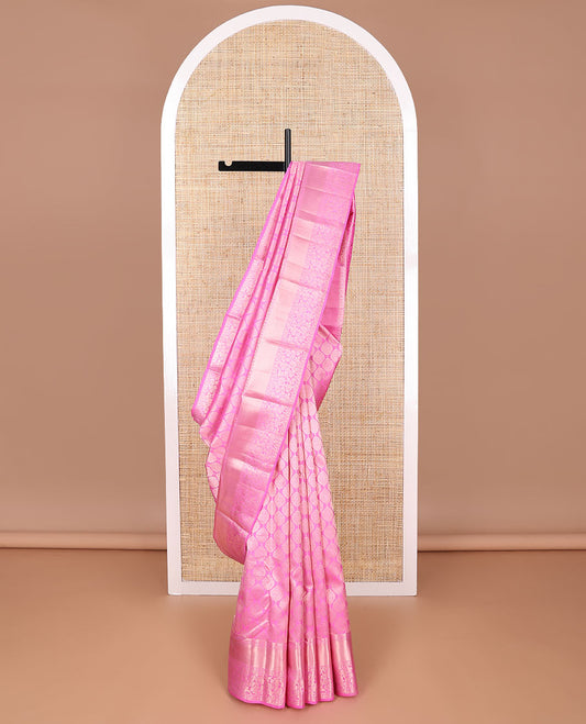Light pink ogee design kancheepuram silk saree with self border of intricate zari design & floral design pallu