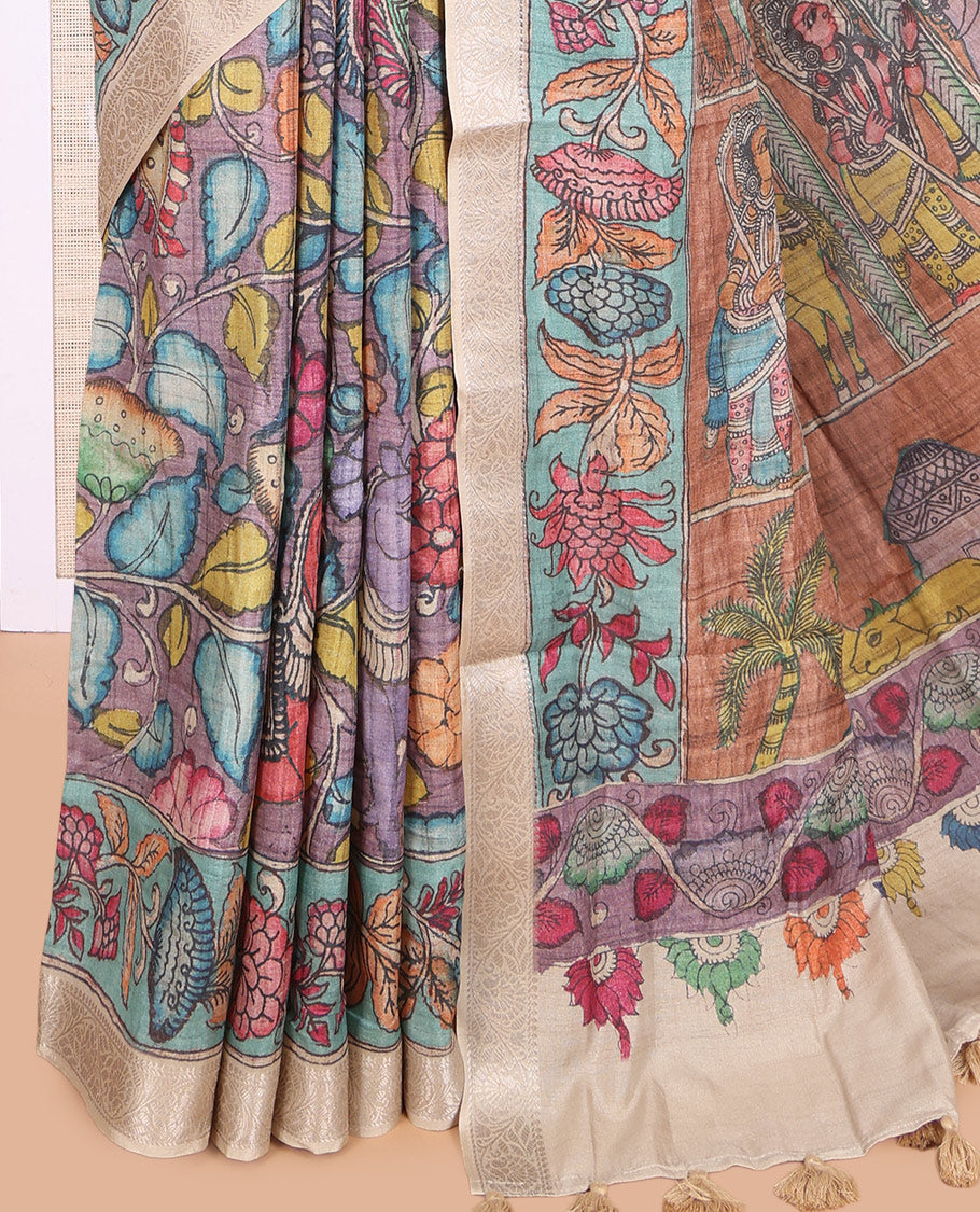 Lavender Kalamkari Printed Fancy Tussar Saree