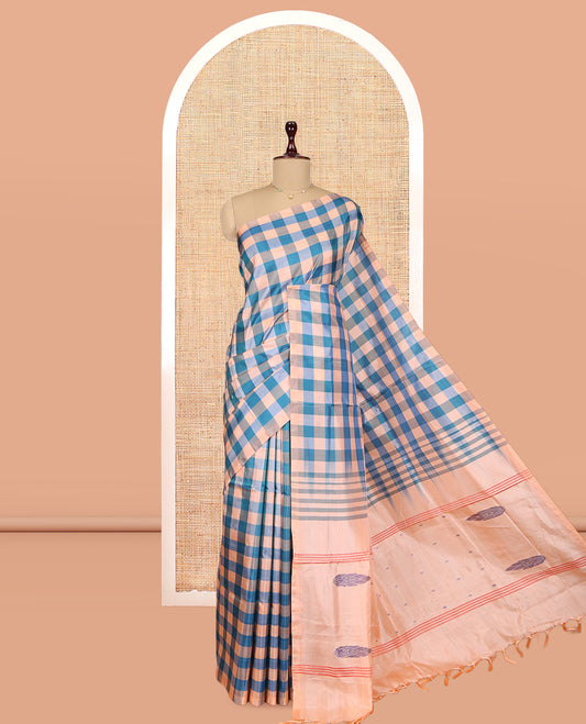 Borderless Multi-Color Checked Banana Pith Saree, Woven with Buttas, a Contrast Pallu of Stripes and Buttas, and a Contrast Blouse