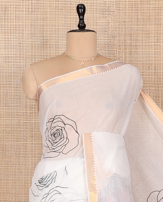 White Striped Andhra Cotton Saree, Beautifully Bedecked with Floral Motifs Print, Highlighted by a Temple Zari Border, Contrast Striped Pallu, and a Contrast Blouse