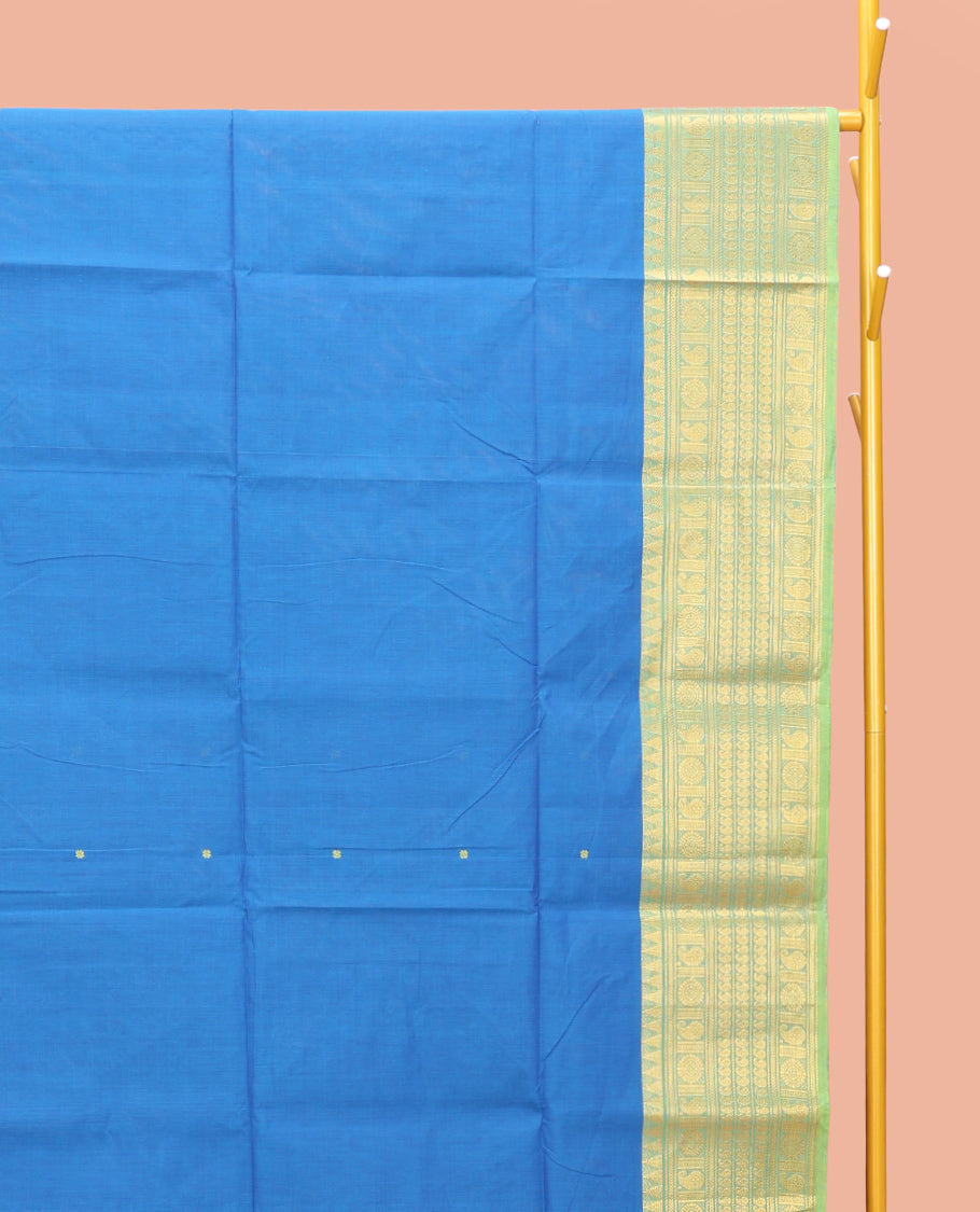 Royal Blue Chettinad Cotton Saree, Crafted with Thread Buttas All Over Its Body, Complemented by a Contrast Traditional Zari Border, Pallu of Buttas and Stripes, and Paired with a Matching Blouse