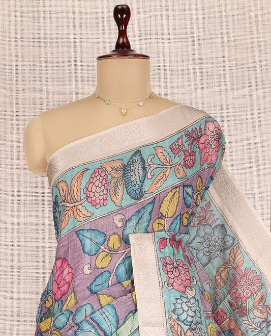 Lavender Kalamkari Printed Fancy Tussar Saree