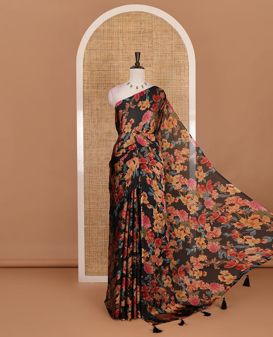 Borderless black kaleidoscope color floral motifs digital printed nara chiffon saree, contrast plain blouse