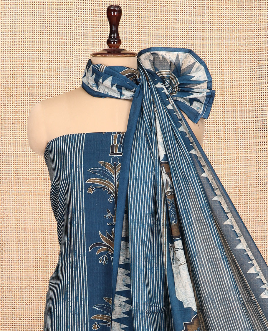 Peacock Blue Cotton Material Churidar, Mughal-Style Printed Top, a Plain Bottom, a Mughal-Style Printed Dupatta