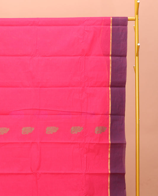 Pink Kanchi Cotton Saree, Woven with Buttas on Its Body, Complemented by Contrast Border, Pallu of Intricate Design, and a Matching Blouse