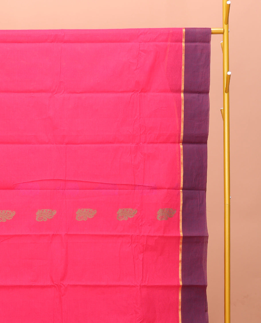 Pink Kanchi Cotton Saree, Woven with Buttas on Its Body, Complemented by Contrast Border, Pallu of Intricate Design, and a Matching Blouse