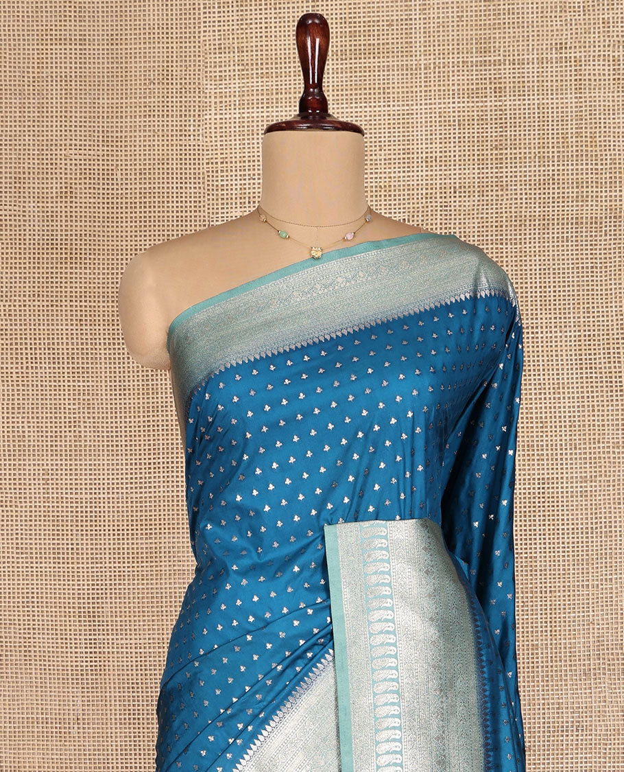 Blue Dupion Silk Saree, Embellished with Zari Buttas, Complemented by a Contrast Traditional Zari Design Border, Intricately Designed Pallu, and a Contrast Blouse