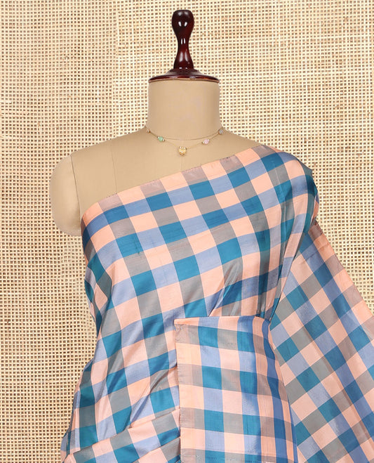 Borderless Multi-Color Checked Banana Pith Saree, Woven with Buttas, a Contrast Pallu of Stripes and Buttas, and a Contrast Blouse