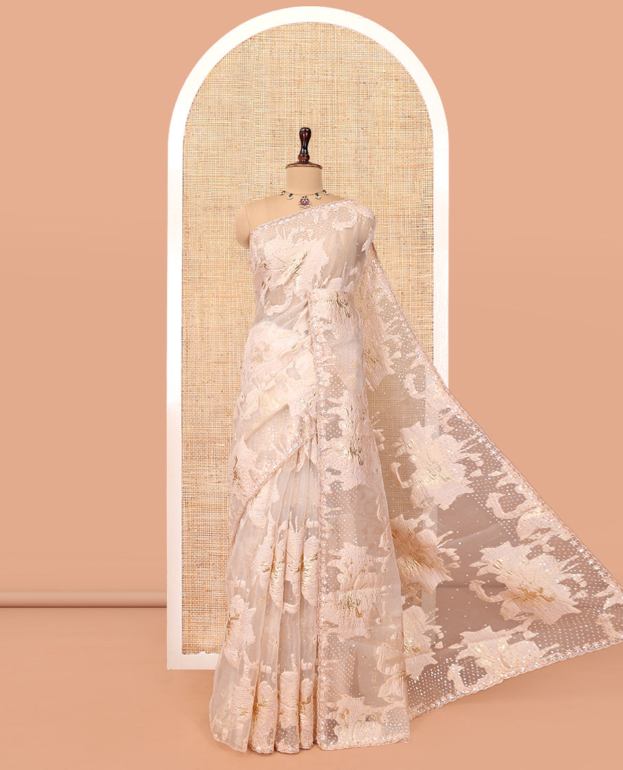 Peach Turkey Organza Saree, Shimmering with Floral Threadwork, a Gleaming Scallop Border, and a Matching Blouse