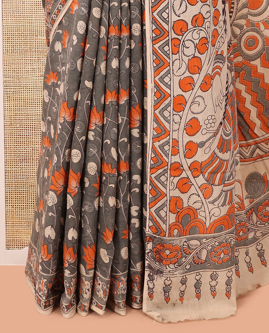 Grey Kalamkari Cotton Saree, Decked Up with Floral Vine Print, Complemented By Printed Border, Pallu of Kalamkari Ancient Human Motifs, and a Contrast Blouse