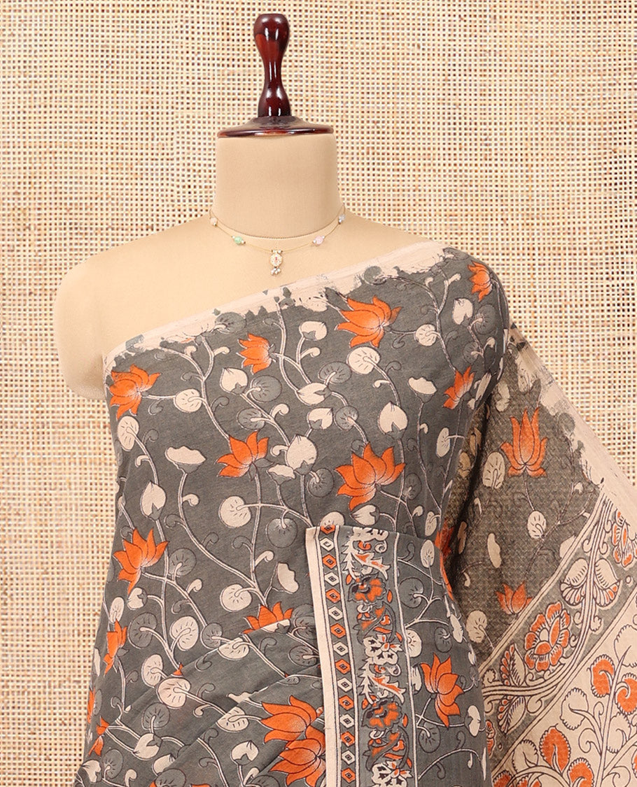 Grey Kalamkari Cotton Saree, Decked Up with Floral Vine Print, Complemented By Printed Border, Pallu of Kalamkari Ancient Human Motifs, and a Contrast Blouse