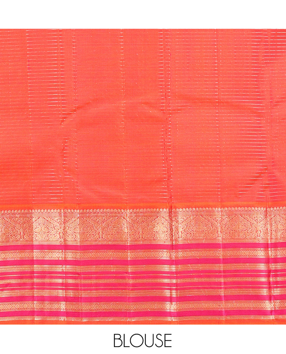 Violet-Pink Vasundhara Silk Saree Features Zari Stripes, a Contrast Border of Thilakam Mokku, Muthu, Mayil, Neli, and Cross Kamalam, Jaal Pallu, and a Contrast Blouse