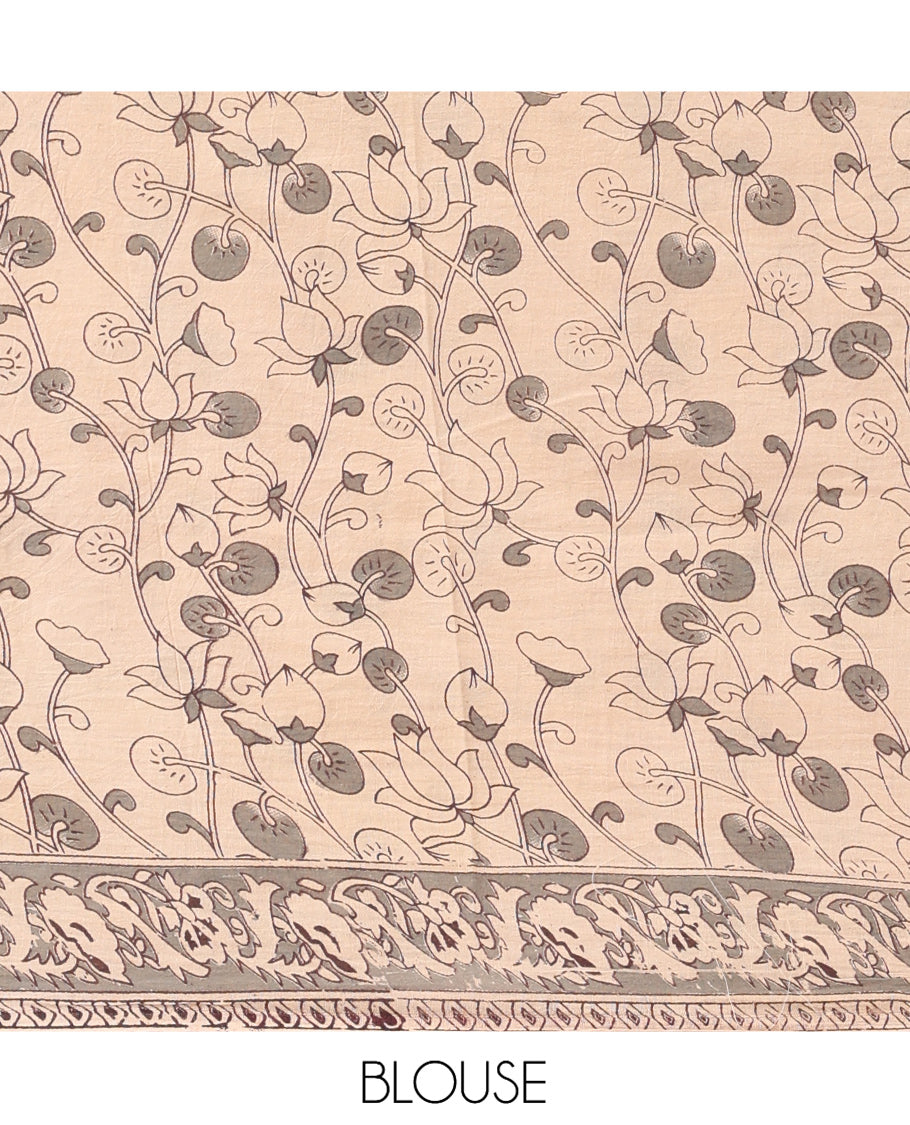Grey Kalamkari Cotton Saree, Decked Up with Floral Vine Print, Complemented By Printed Border, Pallu of Kalamkari Ancient Human Motifs, and a Contrast Blouse