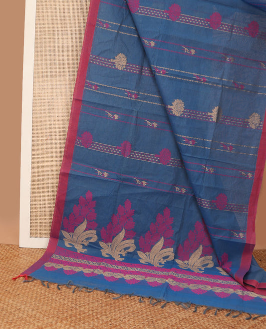 Blue all-over floral design coimbatore cotton saree with contrast plain border