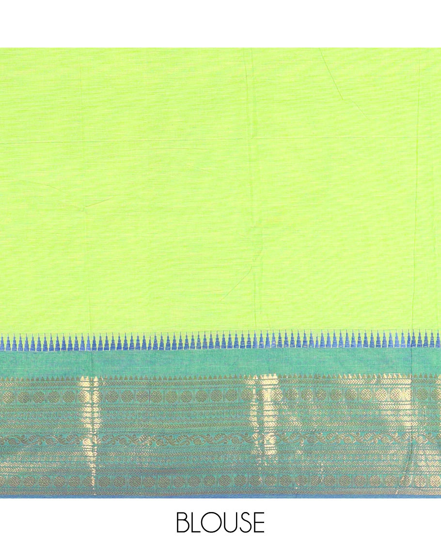 Parrot Green Plain Chettinad Cotton Saree, Complemented by Contrast Border Steeped with Traditional Zari Designs, Subtly Striped Pallu, and Paired with a Matching Blouse