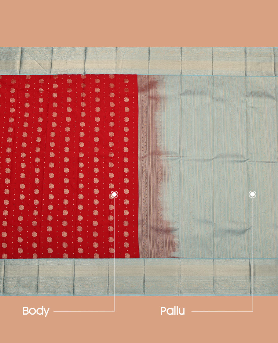 Red BudgetSilk Saree, Spotlighted with Zari Buttas All Over Its Body, Complemented by a Contrast Border of Banaras, Muthu, Kodi Visiry and Kodi Manga Designs, Pallu Steeped with Kodi Manga Designs, and Paired with a Contrast Blouse